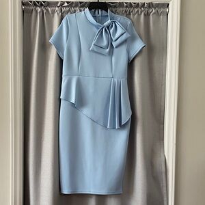 Elegant Light Blue Bow-Accent Women's Dress